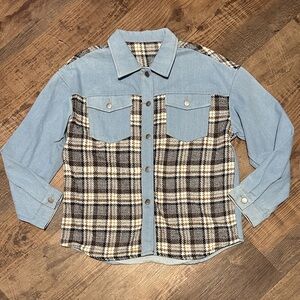 Plaid and Denim Button-Up Shirt/Jacket